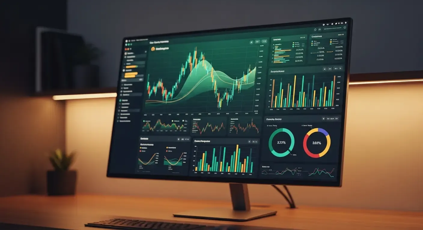 desktop monitor with financial company analysis statistics displayed