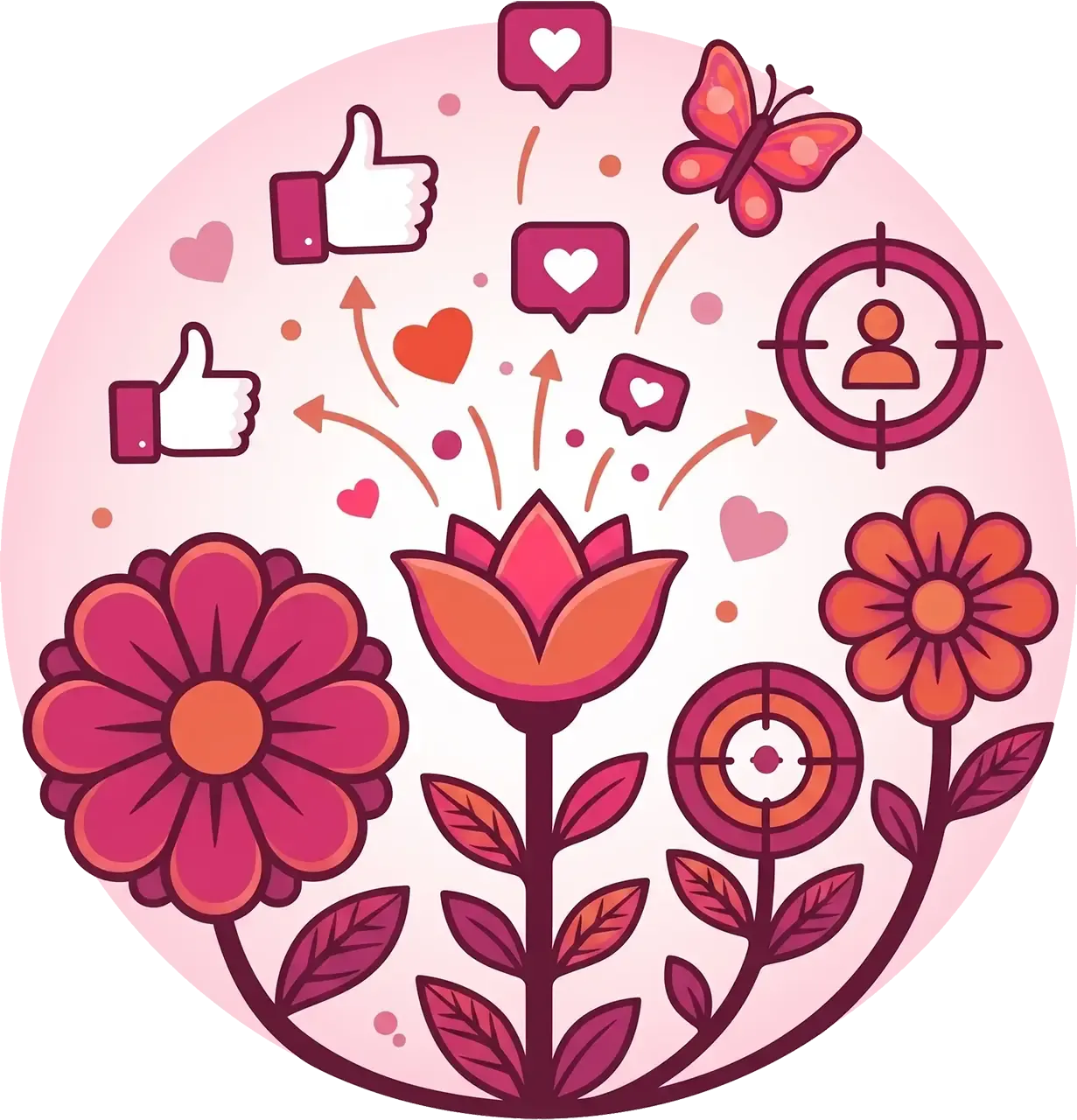 Facebook like and heart symbols flowing out of flowers