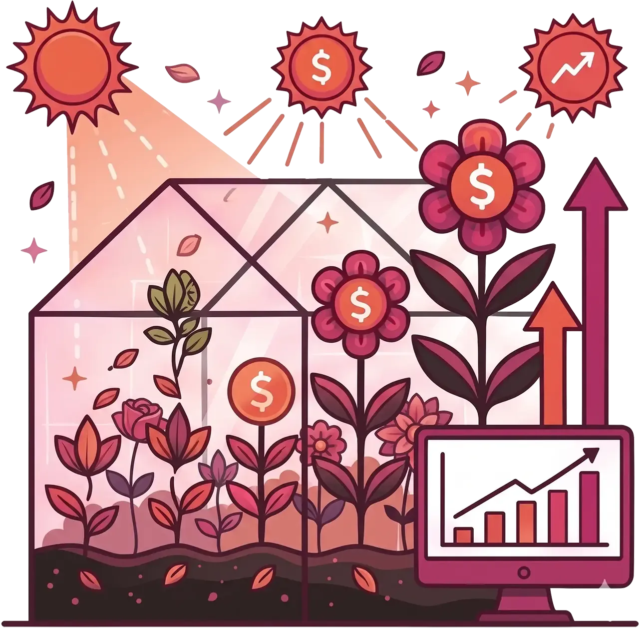 greenhouse with sunshine rays and various plants and dollar signs