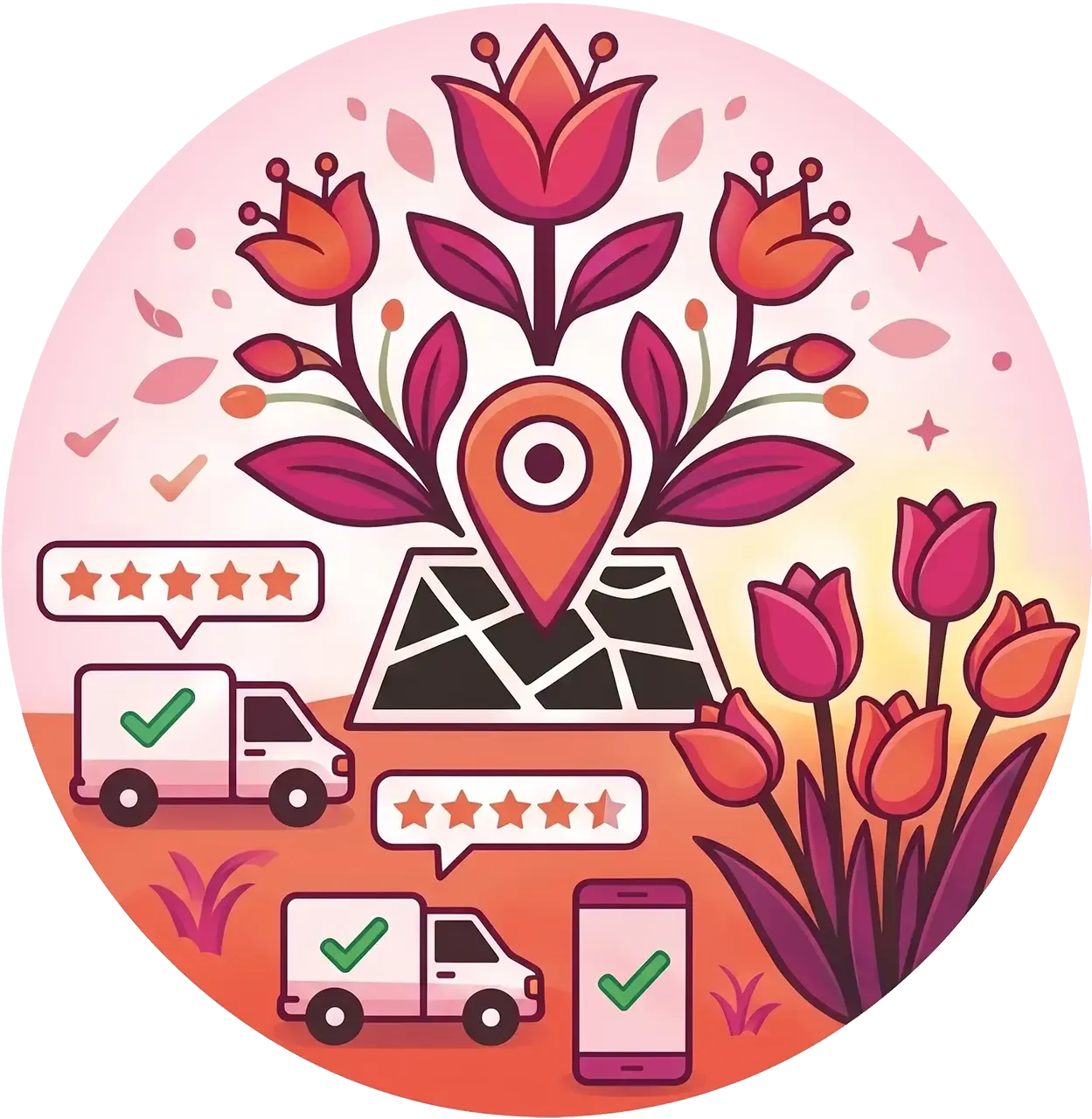 map marker and service vehicles with 5 star ratings promoting business growth
