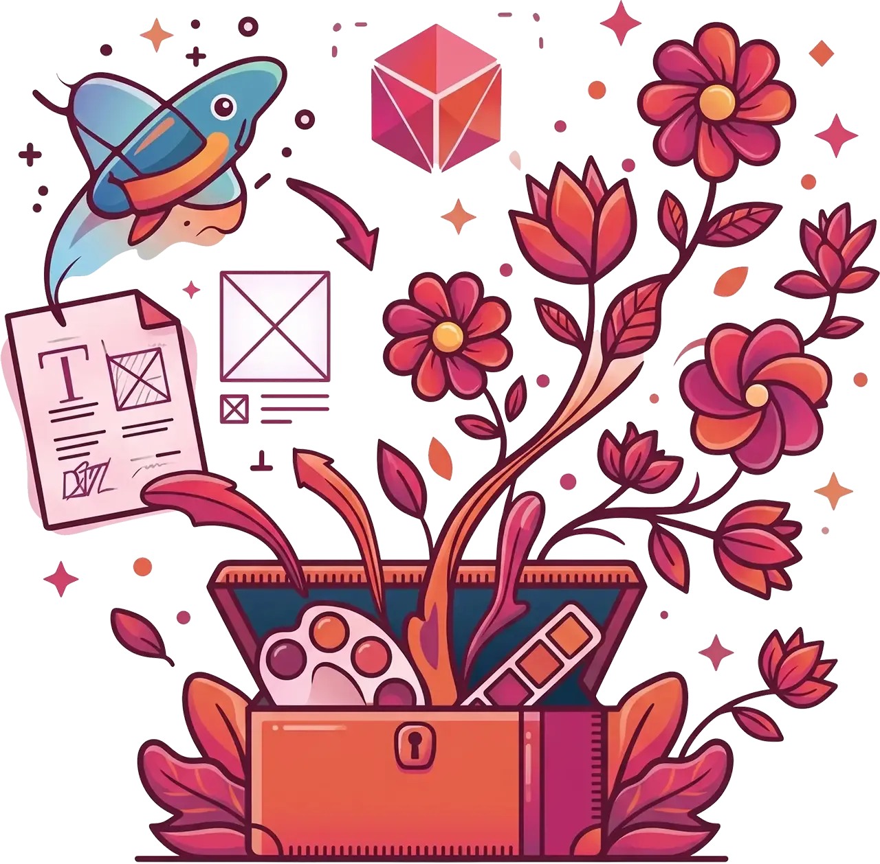 box with digital graphic design elements flowing out of it