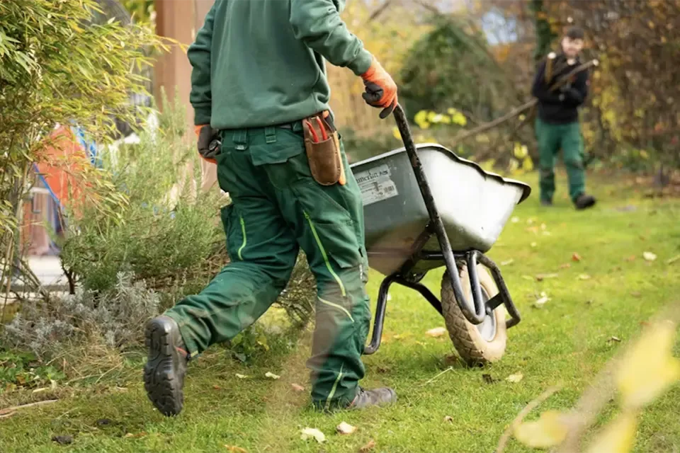 landscaping worker moving material with wheelbarrow